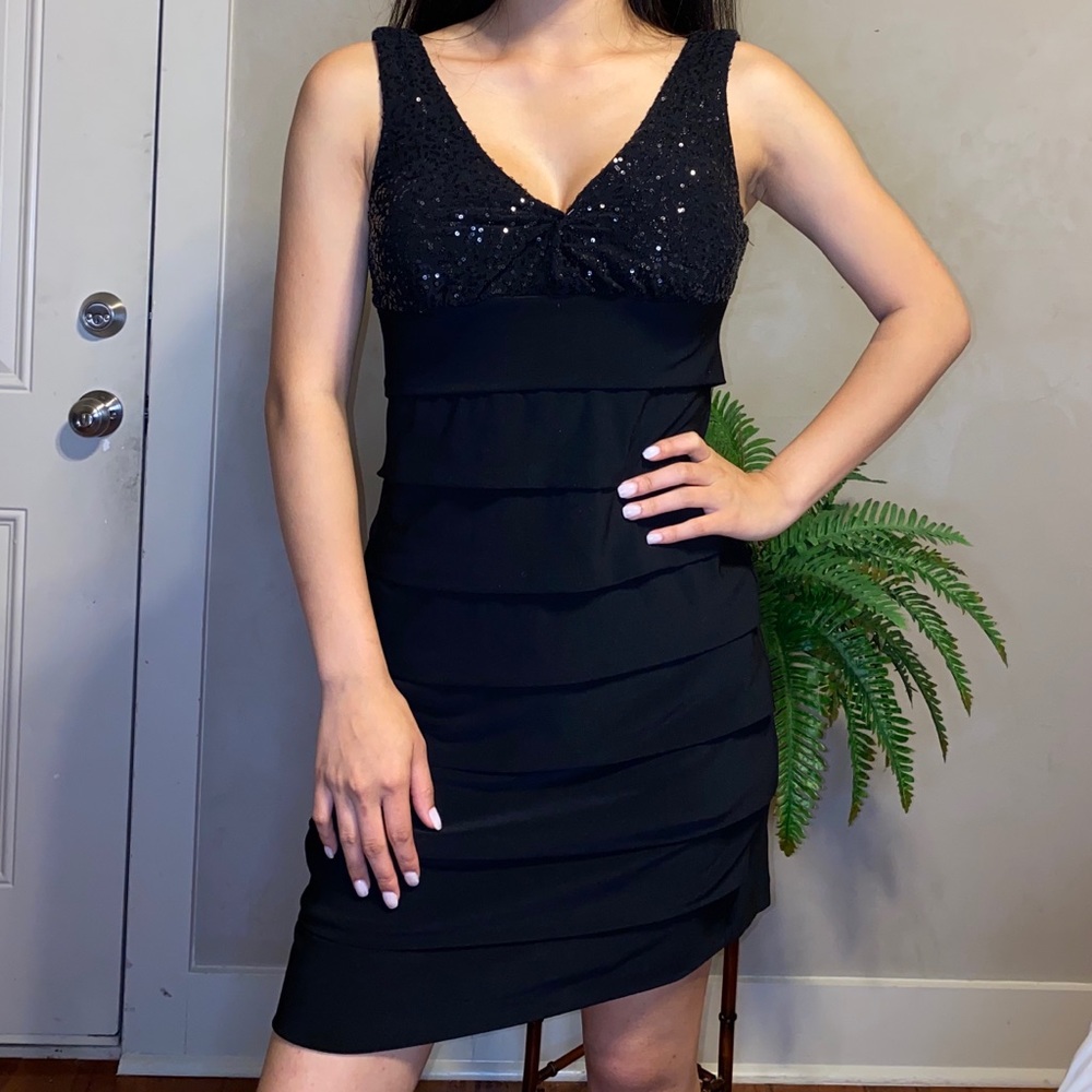 V-Neck Sequin & Ruffle Dress